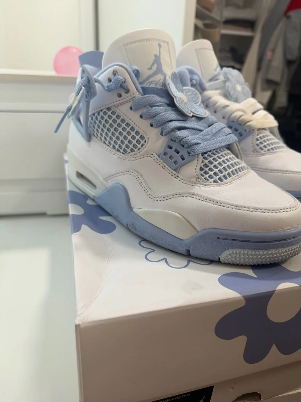 White and Light Blue Jordan 4s Sneakers with Flowers
